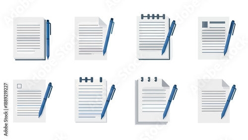 Set of Document Icons with Pens, Minimalist Style