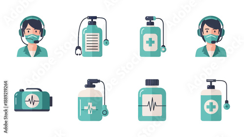 Medical Icons Set: Healthcare Professionals and Sanitizer Bottles