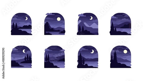 Night Landscape Collection: Moonlit Mountains, Lake, and Trees in Arched Frames