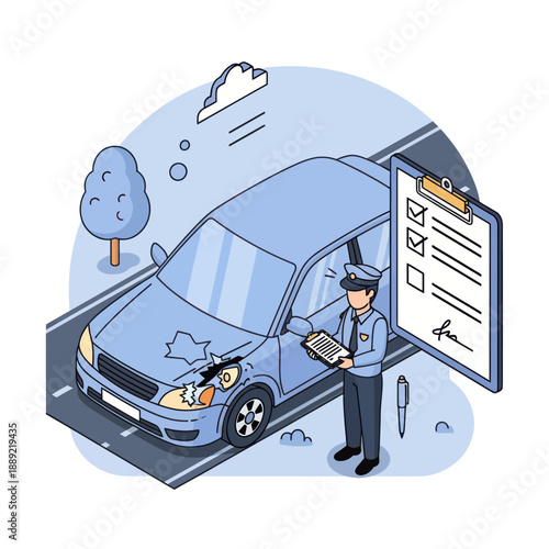 Insurance Agent Inspecting Damaged Car.