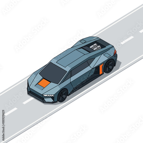 Modern Blue Sports Car on Highway.