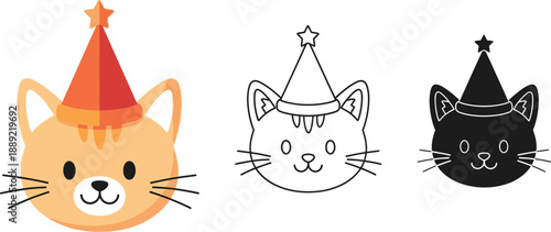 Three cartoon cat faces wearing party hats in different colors and styles