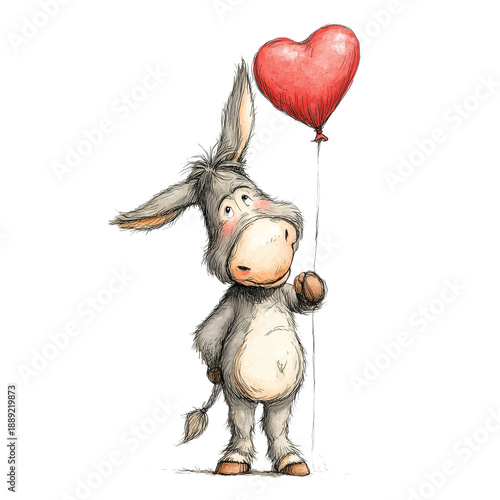 cute baby donkey holding a heart-shaped balloon, clipart on a transparent background. Design element for website, poster, T-shirt. Valentine’s day valentines day theme.
