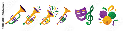 Mardi Gras Music and Celebration Icon Set in Purple Green and Gold