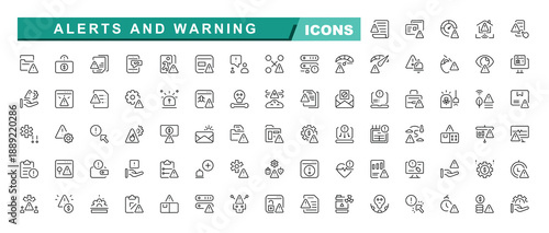 Alerts And Warning icon set. Related to attention, exclamation, alarm, danger, alert, aware, warn,  alert, caution, danger, error, and more. Warning icon set. Linear icon collection.