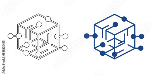 1Isometric Blockchain Cube and Decentralized Data Icon , Cyber Security Encryption and Digital Ledger Technology Concept, Blue Outline and Bold Line Art Vector