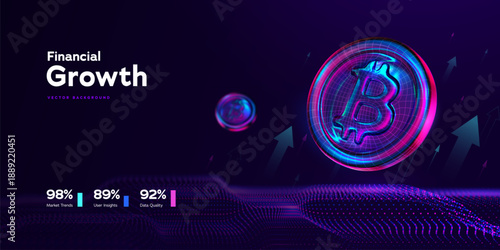 Financial Growth Concept With Neon Bitcoin Coin, Rising Arrows, And Digital Data Landscape For Investment And Business Design. Financial Growth Trends. Vector Illustration.