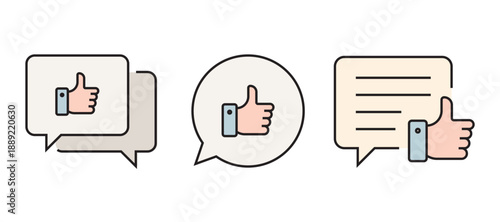 Photos Clean flat outline icon set featuring thumbs up and “like” symbols in various contexts such as users, social media, web, notifications, settings, approval, rating, and feedback