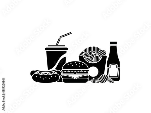 A nice and yummy Fast-food meal set icon hamburger hot dog french fries soda drink and ketchup bottle silhouette
