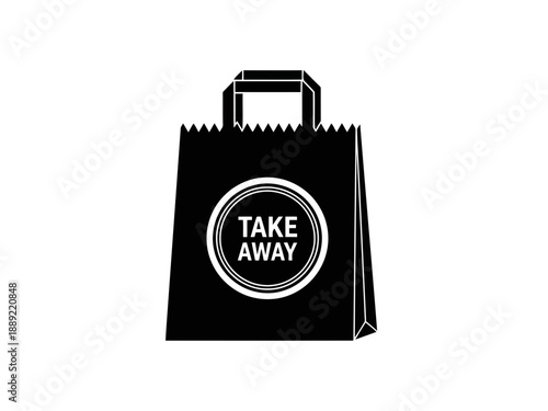 A nice but simple black paper take away food bag icon with white text within a circle