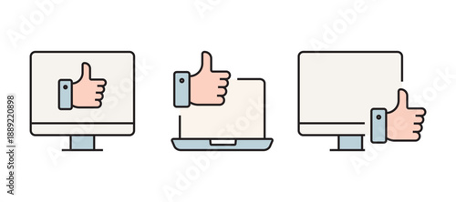 Clean flat outline icon set featuring thumbs up and “like” symbols in various contexts such as users, social media, web, notifications, settings, approval, rating, and feedback. Perfect for UI, UX.