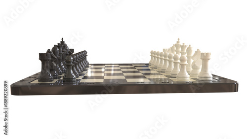 Fotografia Orthographic chessboard setup with Staunton-style pieces in starting position, viewed from low front angle with labeled coordinates