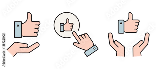 Clean flat outline icon set featuring thumbs up and “like” symbols in various contexts such as users, social media, web, notifications, settings, approval, rating, and feedback. Perfect for UI, UX.