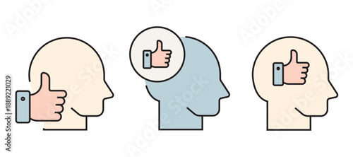 Clean flat outline icon set featuring thumbs up and “like” symbols in various contexts such as users, social media, web, notifications, settings, approval, rating, and feedback. Perfect for UI, UX.