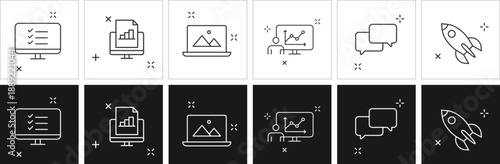 Digital Business Strategy and Marketing Performance Icon Set Featuring Startup Rocket Launch, Online Chat Communication, Data Analytics Report, Task Checklist, and Creative Design Media Interface