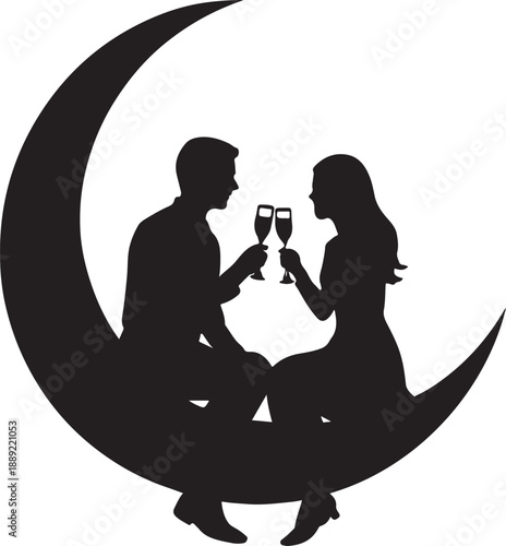 Lover Couple Silhouettes Toasting on Crescent Moon background