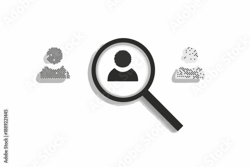 Searching for a person with a magnifying glass illustrated in grayscale