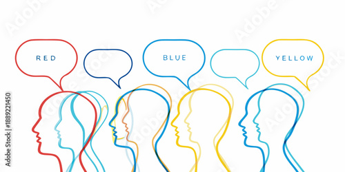 Colorful speech bubbles and profile silhouettes representing diverse communication