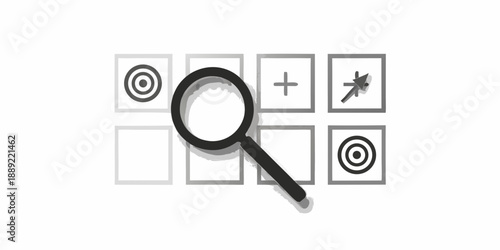 A magnifying glass hovers over a grid of icons representing search options