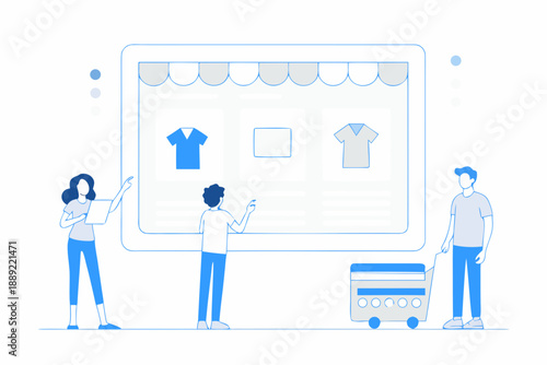 People interacting with an online store display on a tablet device