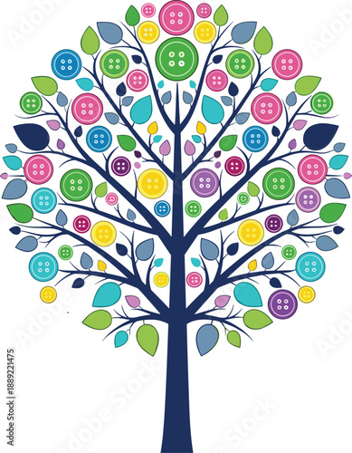 Decorative button tree illustration with colorful leaves and playful circular ornaments forming whimsical modern botanical artwork isolated on white background