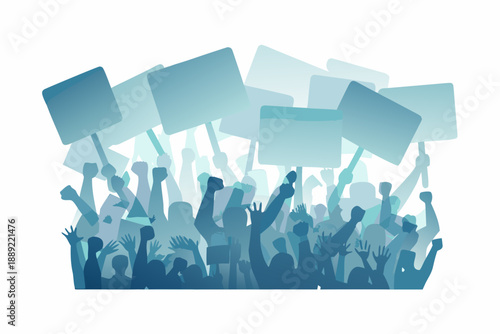 A crowd of silhouetted people raising signs and hands in protest