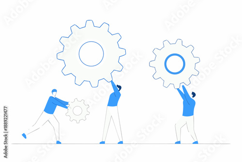 People collaborating to move large gears representing teamwork and mechanics