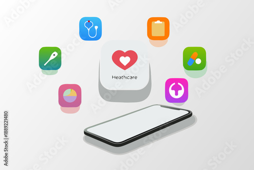 Digital healthcare concept featuring a smartphone and various app icons