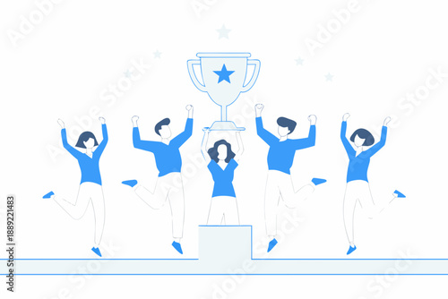 Celebrating success a team of people joyfully raise their arms with a trophy