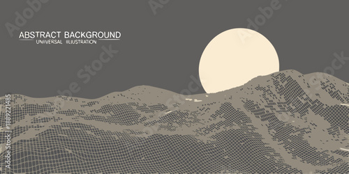 Abstract mountain landscape with a large moon and dotted lines