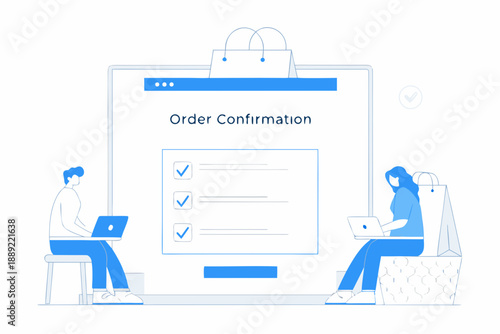 Online shopping order confirmation screen with people using laptops
