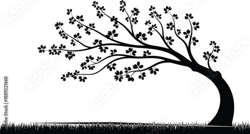 Elegant black tree silhouette with flowing branches and leaves creating minimalist nature landscape illustration isolated on white background design