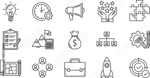 Business icons, productivity symbols, project management tools, planning visuals, strategy graphics, goal setting, black white icons, teamwork, finance, innovation