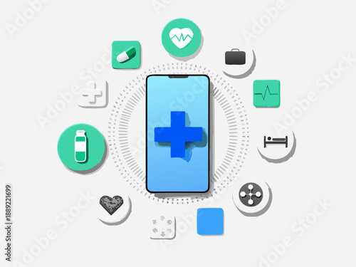 Digital healthcare concept featuring a smartphone surrounded by medical icons