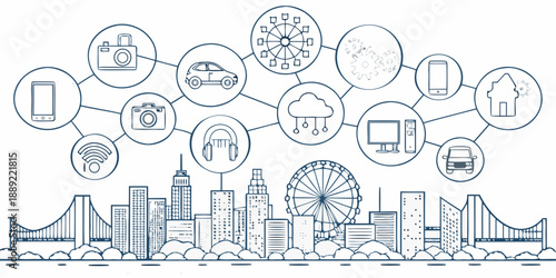 Connected city illustration featuring various icons and a skyline