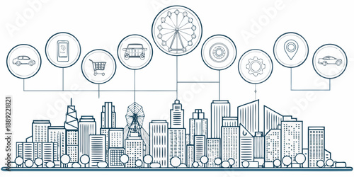 Connected city icons above a detailed skyline illustration in blue tones