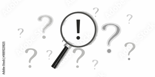 A magnifying glass focuses on an exclamation point amidst numerous question marks