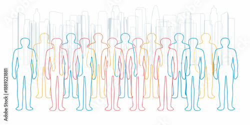 Stylized illustration of colorful human figures amongst a cityscape outline