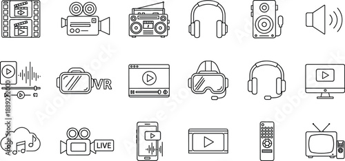 Media icons, entertainment symbols, audio video tools, streaming devices, VR headset, play button, black white icons, sound, tech, interface