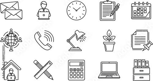 Office icons, remote work symbols, productivity tools, business visuals, communication graphics, black white icons, planning, design, workflow, global