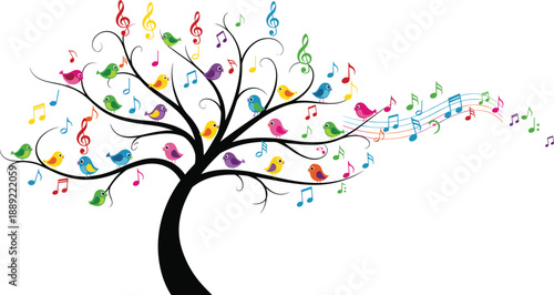 Whimsical musical bird tree illustration with colorful singing birds and flowing music notes creating joyful fantasy nature artwork isolated