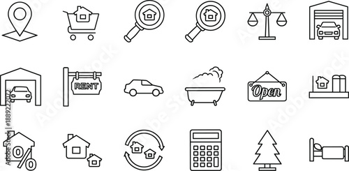 Real estate icons, housing symbols, property tools, rent buy visuals, black white illustrations, mortgage, amenities, home, location, management