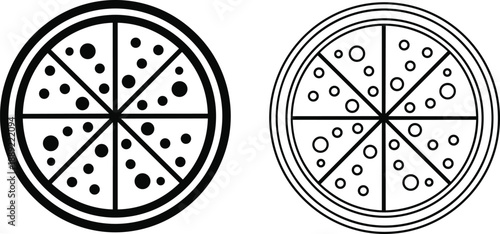 Pizza icons, food symbols, slice graphics, fast food illustration, black white design, toppings, restaurant, snack, Italian cuisine, meal