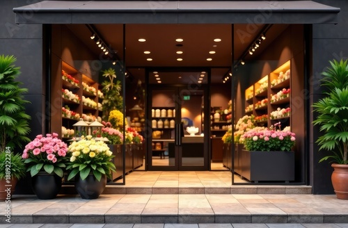 Flower shop facade on a cozy street with abundant blooms and a large empty desk nearby. Concept of retail, advertising space, and inviting storefront