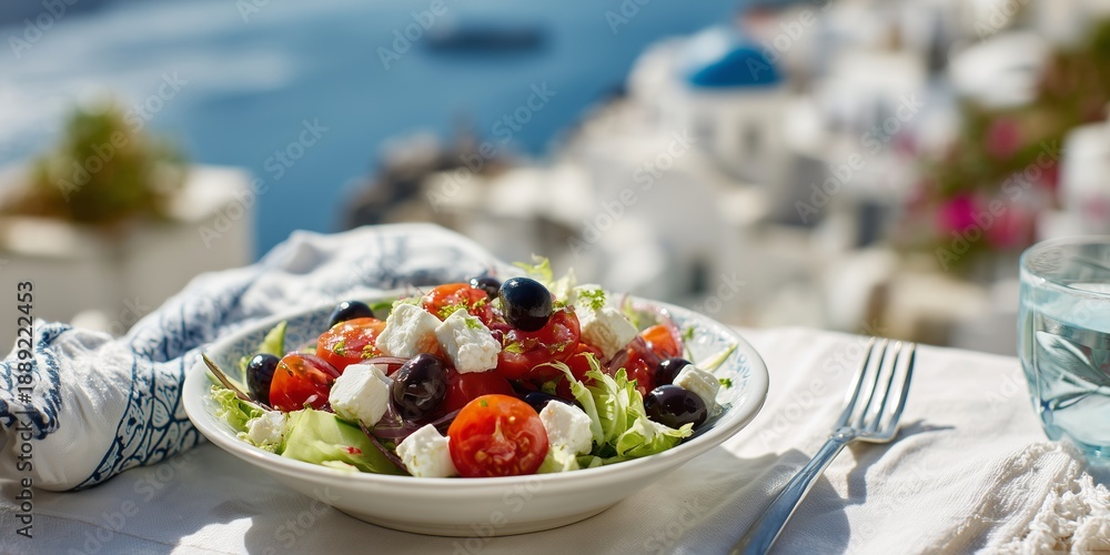 Fototapeta premium Greek salad with feta, olives and tomatoes on whitewashed table, blue domes and sea visible in background. Classic Mediterranean meal in idyllic Greek island setting.