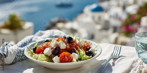 Greek salad with feta, olives and tomatoes on whitewashed table, blue domes and sea visible in background. Classic Mediterranean meal in idyllic Greek island setting. © MNStudio