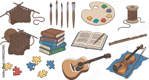 Collection of hobby and creative activity objects including knitting, painting, books, puzzles, guitar, violin, and flute, illustration representing leisure and artistic lifestyle