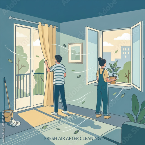 A couple lets fresh air and a gentle breeze into their home after cleaning. A man opens the curtains while a woman places a plant by the open window. . Vector illustration