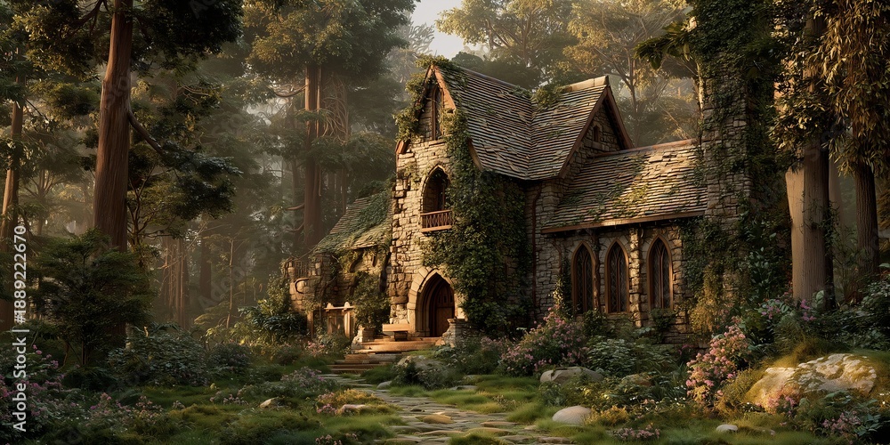 Fototapeta premium Fairytale stone and wood cottage nestled in sun-dappled enchanted forest, mossy ground and blooming flowers all around. Whimsical magic and timeless peace captured at golden hour.