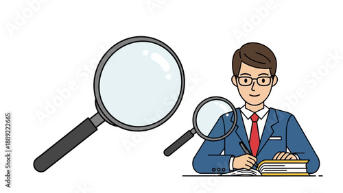 Businessman searching for information with magnifying glass